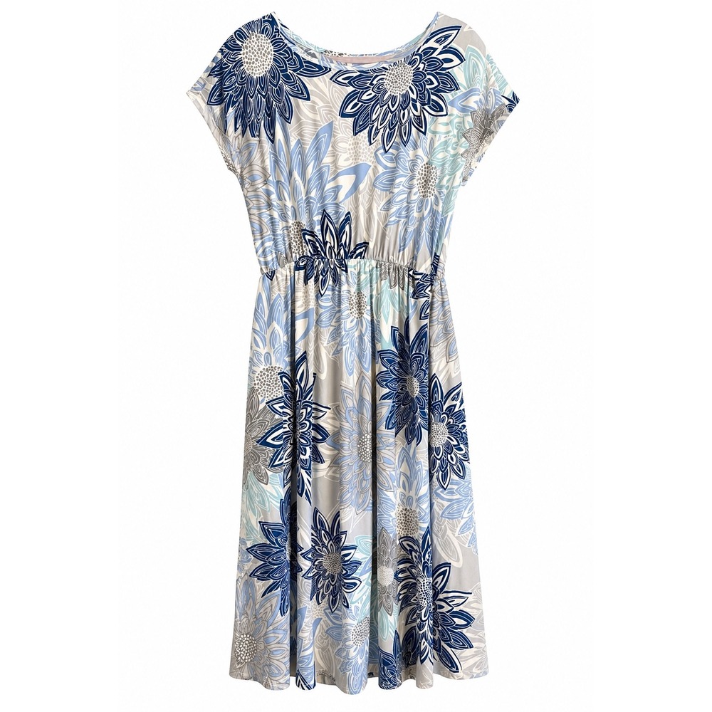 NWT Amelia James Floral Midi Dress 2XL Soft Knit Pockets Stretch Waist Travel